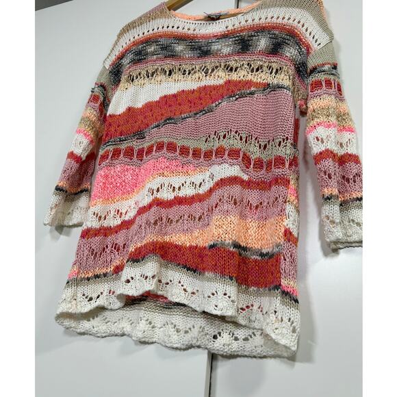 LaSeine Women’s M‎ 3/4 Sleeve Open Knit Sweater Boho Multicolor Pink Cream - Picture 5 of 9